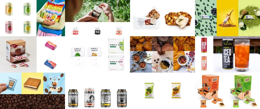 Collage of packaged food and drinks available at Meryenda Shop